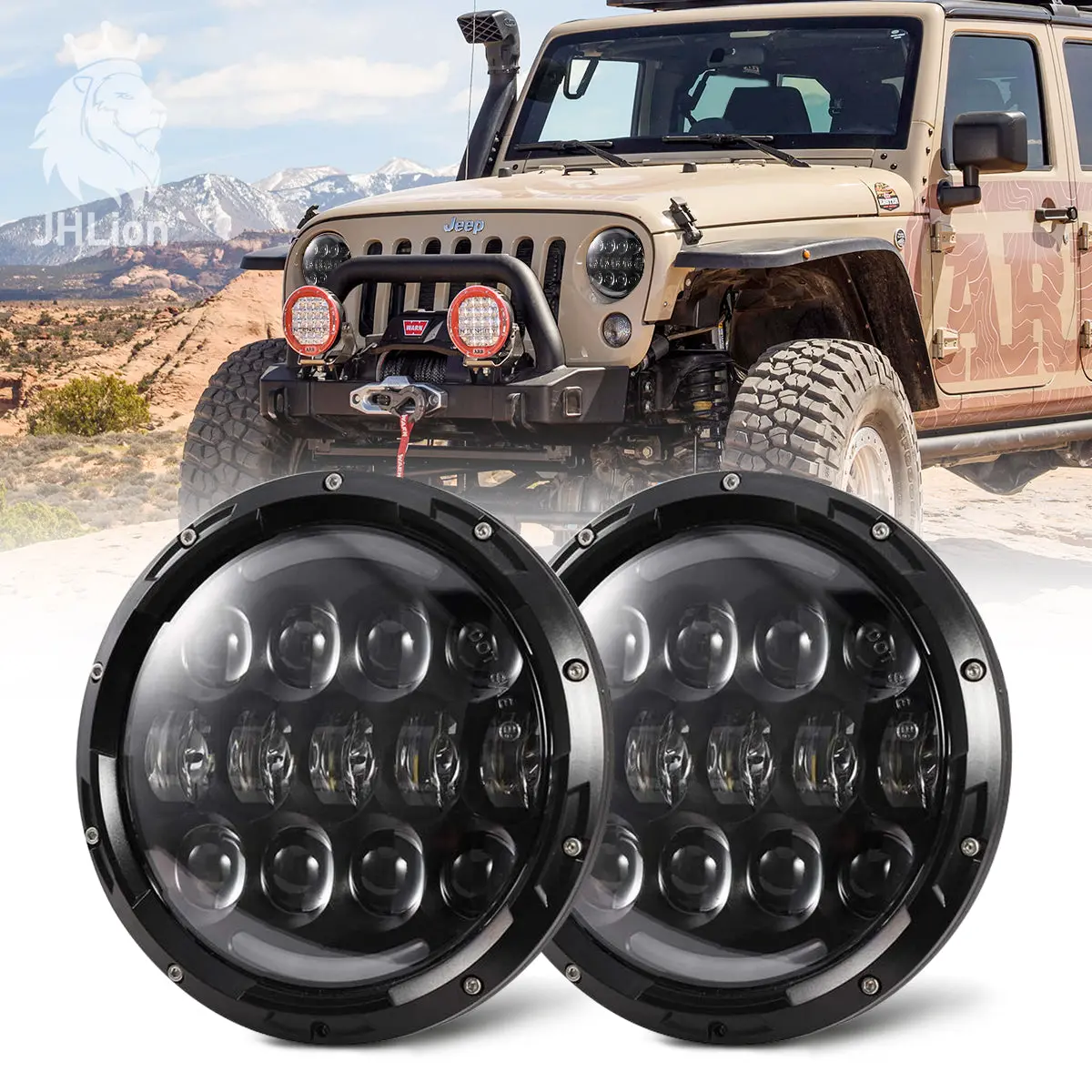105W Brightest Osram 7'' Inch Round Black Led Headlights With White/Amber Turn Signal Drl For Jeep Wrangler Jk/Tj And Hummer With H4&H13 Adapter(Black Pair) 1