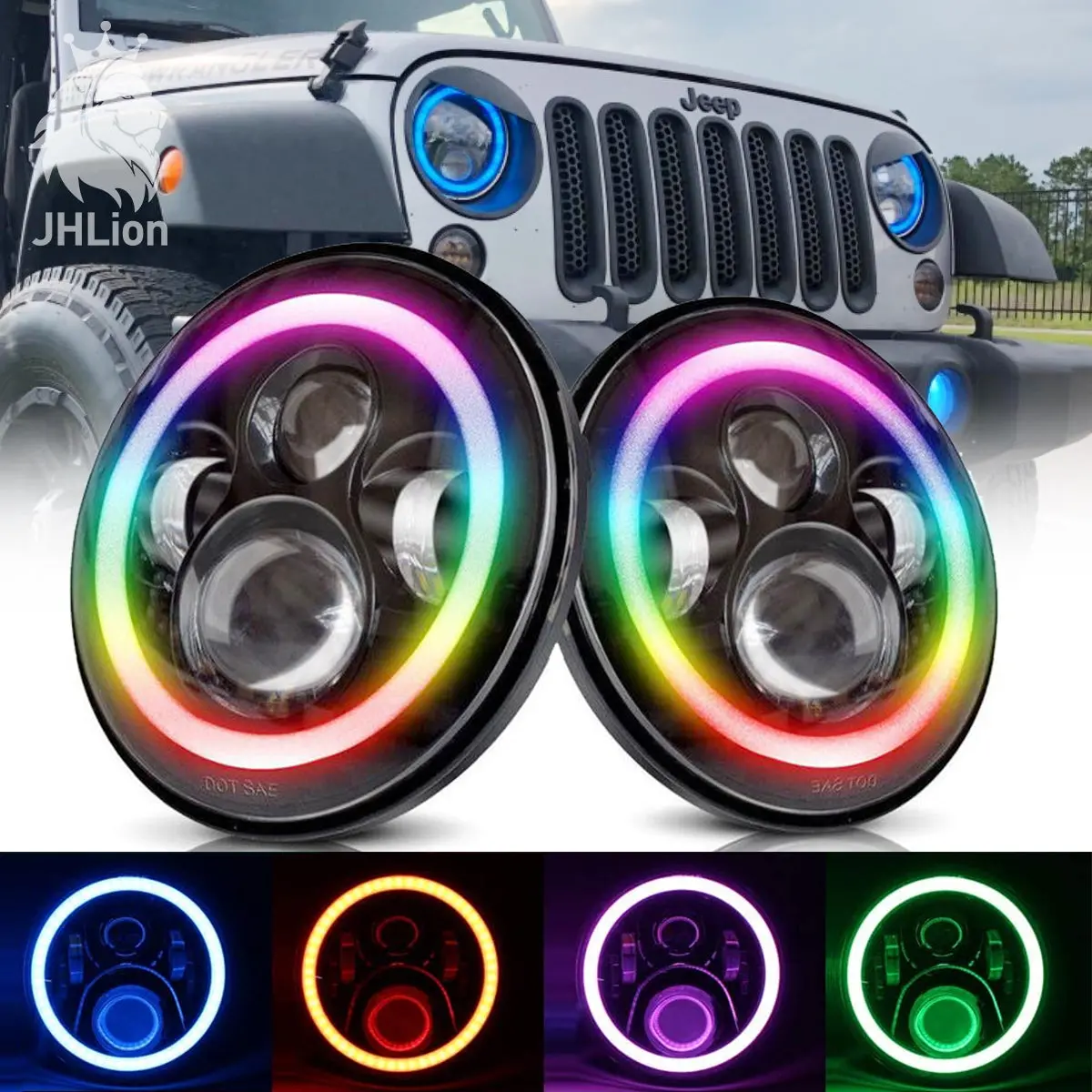 2X 7'' 60W Led Headlight Rgb Halo Projector Angel Drl For Jeep Wrangler Jk Tj Lj 1
