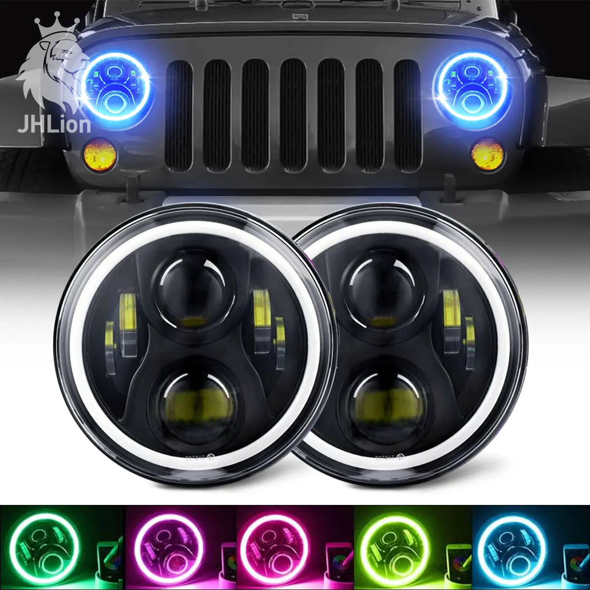 2X 7'' Led Headlight Rgb Halo Projector Angel Drl For Jeep Wrangler Jk Tj Lj 1