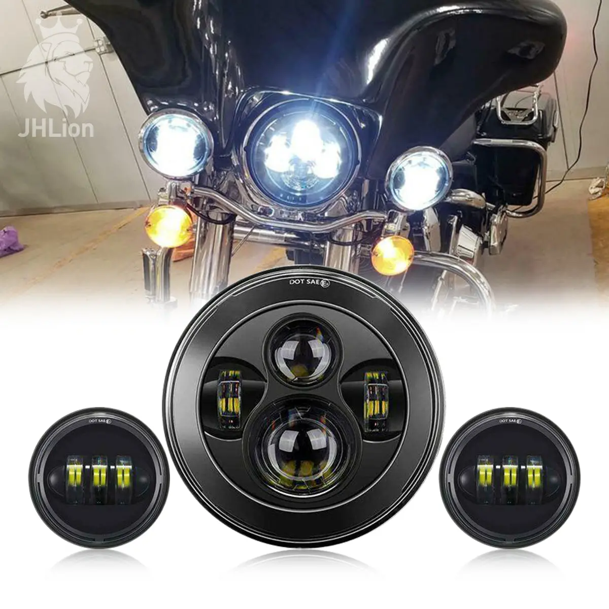 7 Inch Round Led Headlight Kit With 4.5 Inch Passing Lamps Fog Lights Motorcycle 1