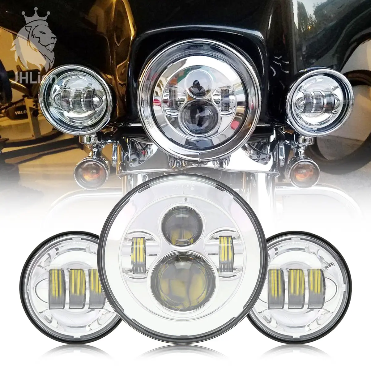 Motorcycle Chrome 7Inch Led Headlight 4.5" Led Fog Passing Lights Lamps Sets 1