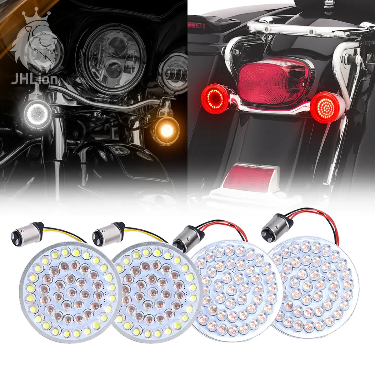 2 Inch Led Turn Signal Kit 1157 Base White/Amber Front Turn Signal Bulbs + 1157 Double Connector Red Rear Turn Signal Lights Compatible With Harley Street Glide Motorcycle 1