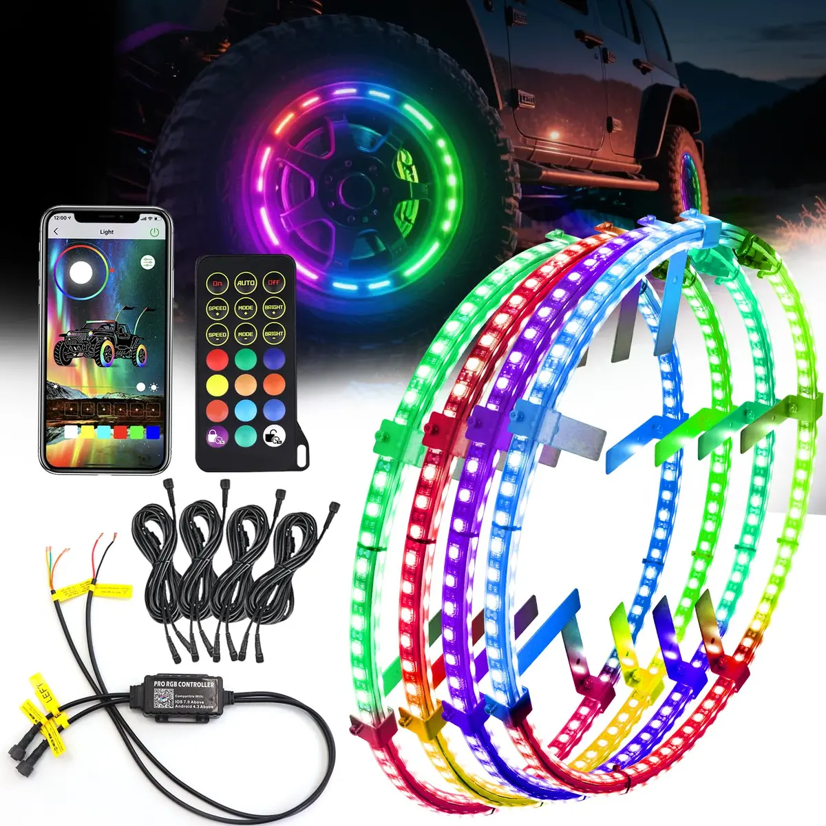 4Pcs 17" Double Sided Rgb Led Wheel Ring Lights With App & Remote Control 1