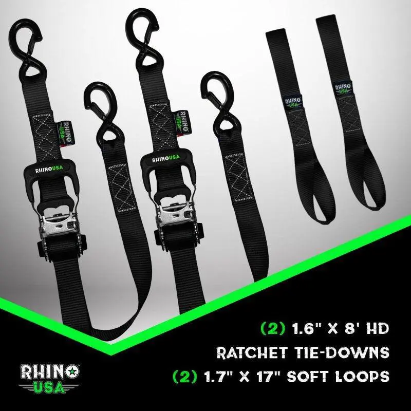 Rhino Usa Heavy Duty Ratchet Tie-Downs 2-Pack (Black) 1.6In X 8Ft | Grla-Tdwn-Set 1