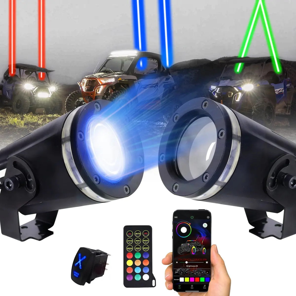 2Pcs Rgbw Whipless Led Whip Lights For Sxs Utv Atv Can-Am | Remote App Rocker Switch 1