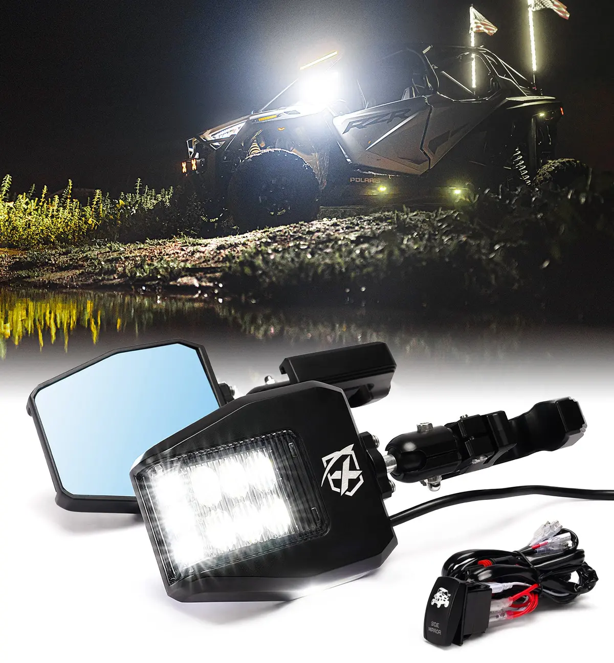 Utv Side Mirrors With Led Spotlights & Puddle Lights 2