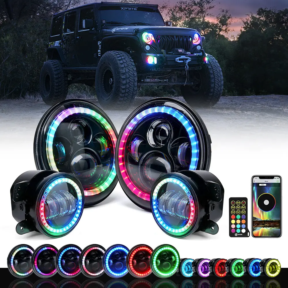 7" Rgb Led Halo Headlights & Rgb Fog Lights Kit For 07-18 Jeep Wrangler 1