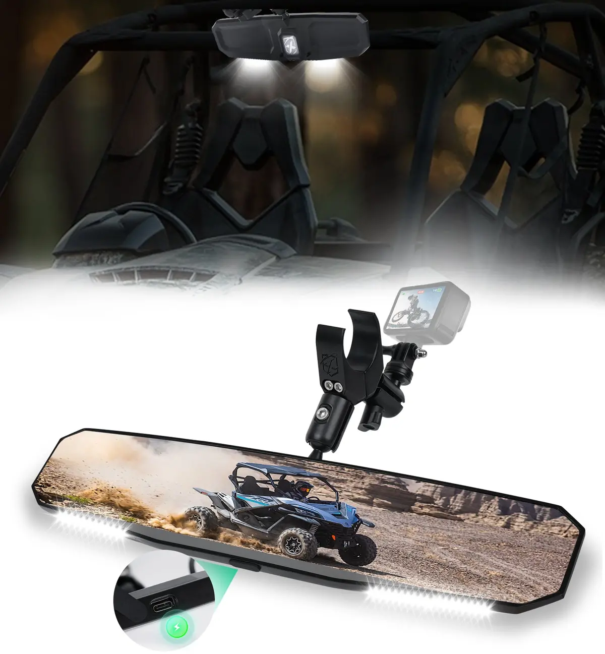 Utv Rear View Mirror With Interior Lights And An Additional Gopro Mount 1
