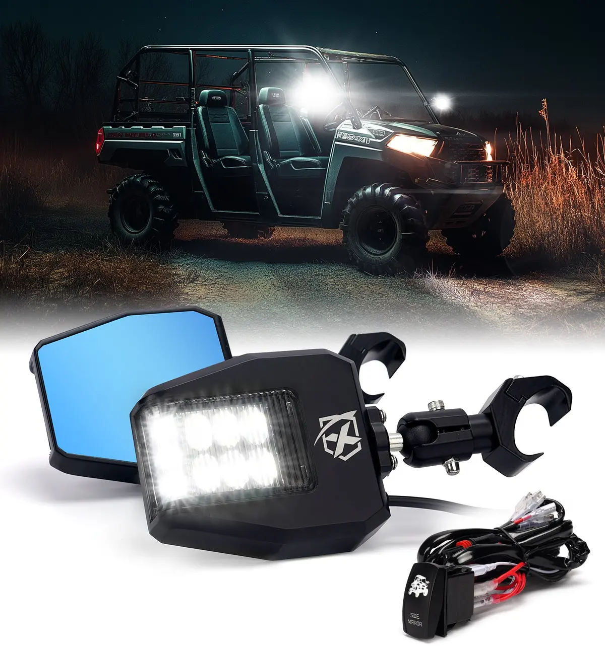 Utv Side View Mirrors With Led Spot Lights And Adjustable C-Type Bracket 1