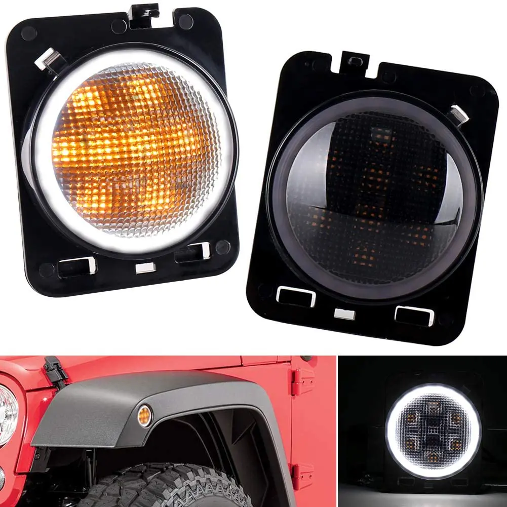 Smoke Lens Yellow Led Front Replacement Turn Signal Light & Fender Side Marker Light Assembly For 2014-2018 Jeep Wrangler Jk Jku 1