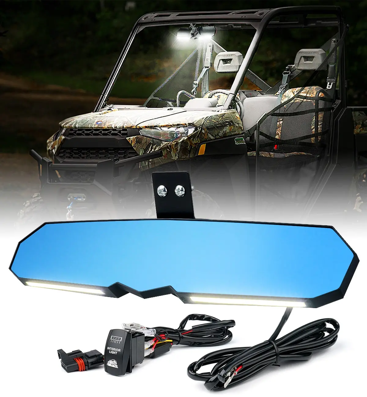 Utv Center View Mirror With Led Lights And Rocker Switch | Valiant Series 1