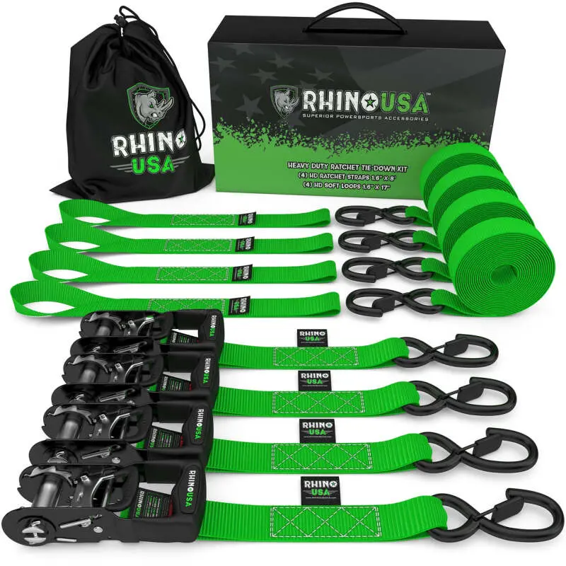 Rhino Usa Heavy Duty Ratchet Tie-Down 4-Pack Green 1.6In X 15Ft | Td-Gc1.6X15-Grn 1