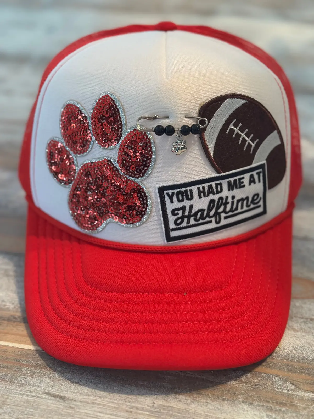Red & White Paw Football Trucker Cap 1