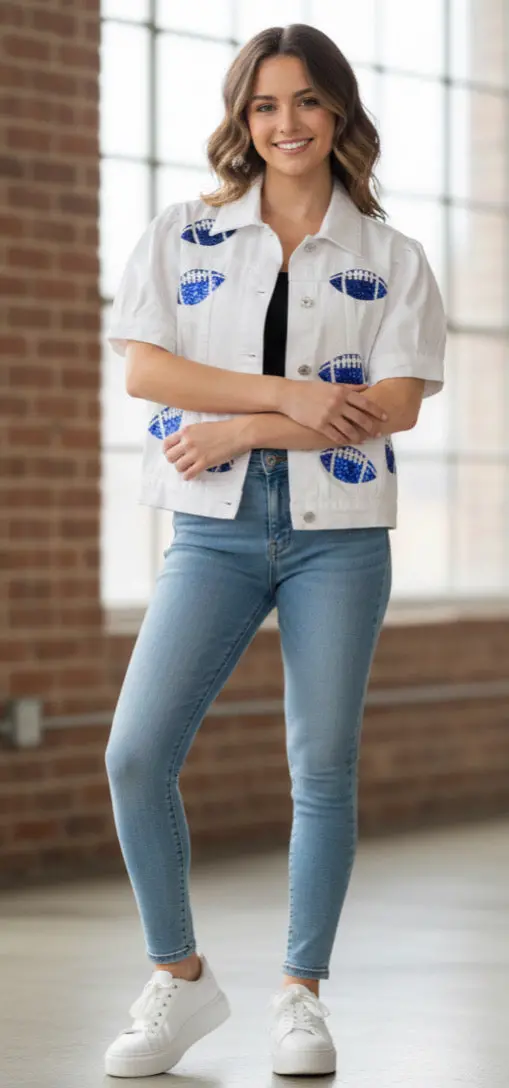 Royal Blue Sequined Football Denim Jacket 1