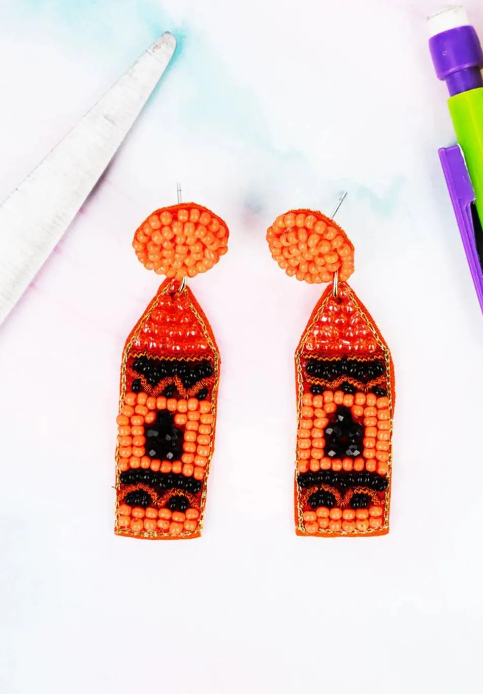 Orange Crayon Beaded Earrings 1