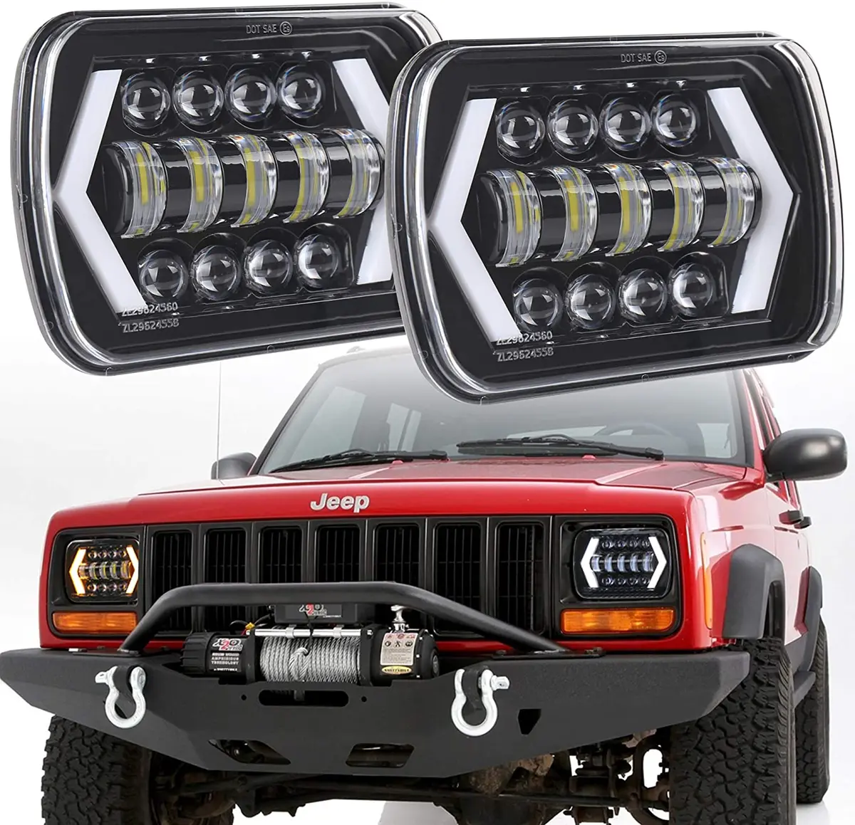 7X6" Inch Halo Led Headlights, 5X7 Inch Square Led Headlamp With Arrow Angel Eyes Drl Turn Signal Light Replaces H6054 H5054 H6054ll 69822 Fit Trucks Wrangler Xj Yj Sedans Gmc 1