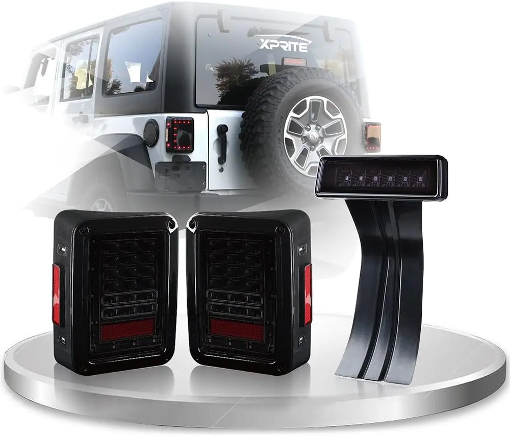Xprite Smoked Lens Red Led Tail Lights And Smoke 3Rd Led Brake Light Assembly Compatible With Jeep Wrangler Jk Jku 2007-2018 1