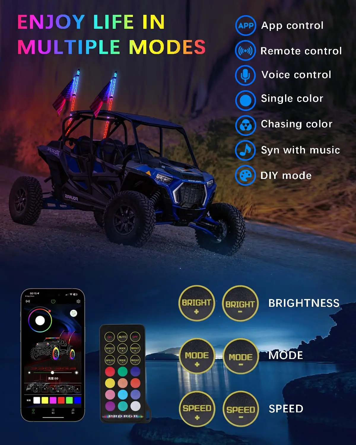 Whip Lights With App & Remote Control For Utv, Atv, Sxs, Polaris Rzr 5