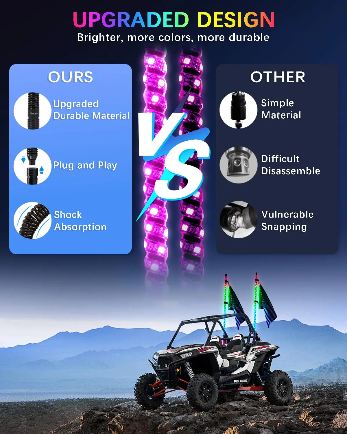 Whip Lights With App & Remote Control For Utv, Atv, Sxs, Polaris Rzr 6