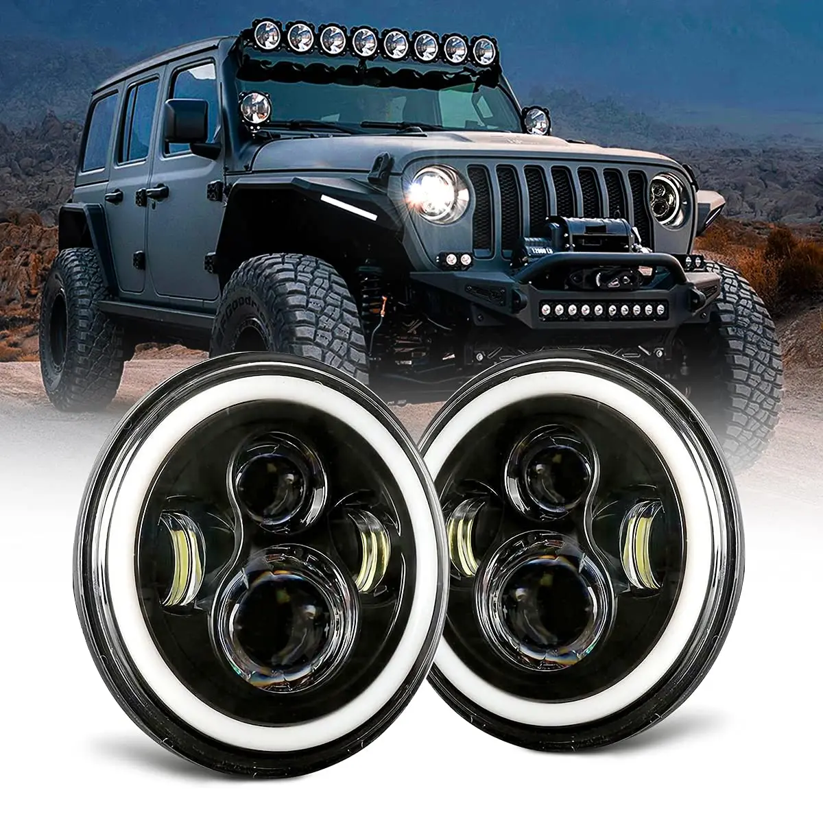 Jeep Wrangler Headlight, Dot Approved Hi/Lo Beam With White Drl/Amber Turn Signal Angel Eyes Compatible With 2007-2017 Jeep Wrangler 7 Inch Halo Headlights Jk Jku Lj Tj Cj -1 Pair (Black) 1