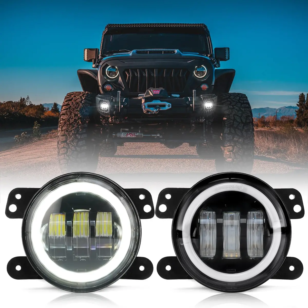 Xprite 4-Inch Round Led Fog Lights With White Halo Ring Angel Eye Drl For 2007-2018 Jeep Wrangler Jk 1