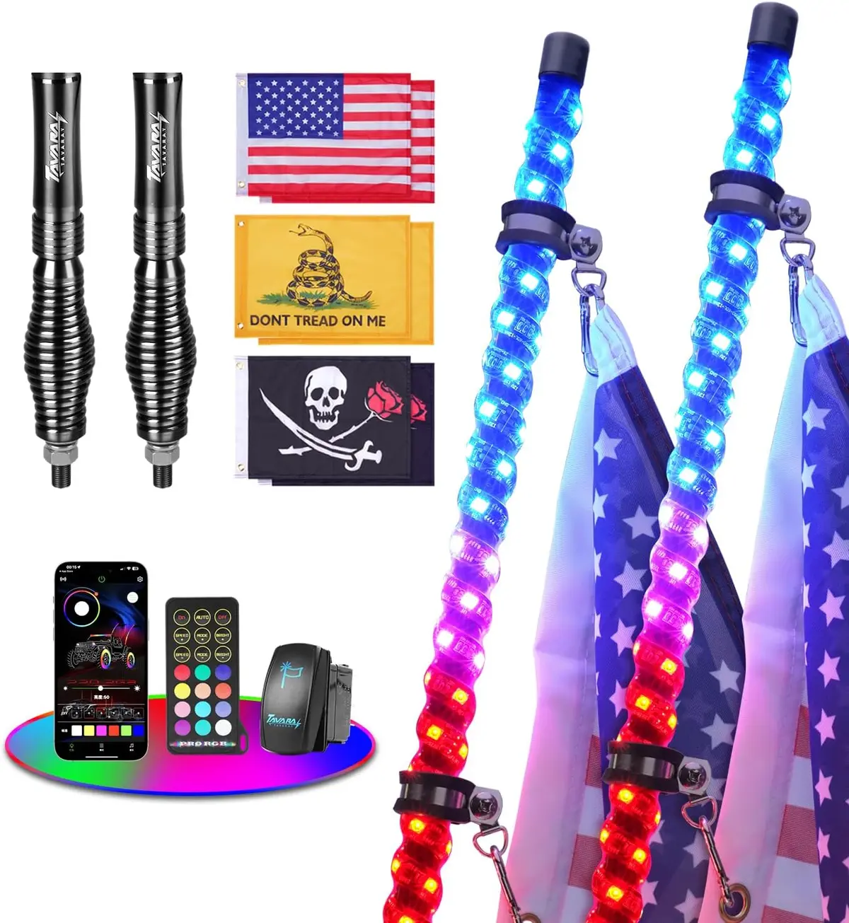 Tavaray 2Pcs 3Ft Whip Lights With Spring Base, Led Whip Lights With App & Remote Control, Waterproof 360° Spiral Chasing Lighted Whips W/Rocker Switch For Utv, Atv, Sxs, Polaris Rzr 1