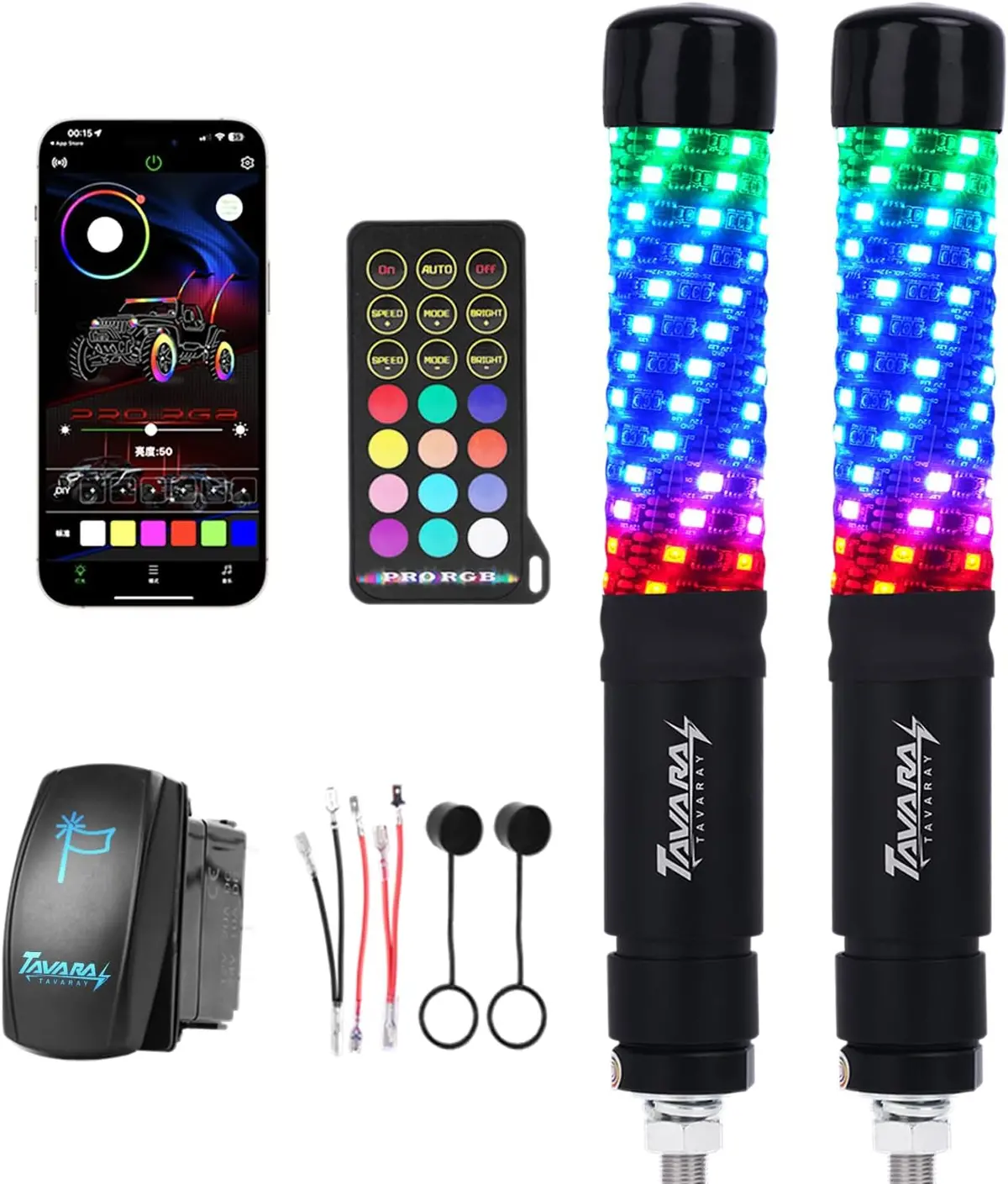 Tavaray Fat Whip Lights – Spiral Rgb Chasing Lighted Antenna Whips, Whip Lights For Side By Side Utv Atv Rzr Can-Am X3, With App/Remote Control, Turn Signal & Rocker Switch 1