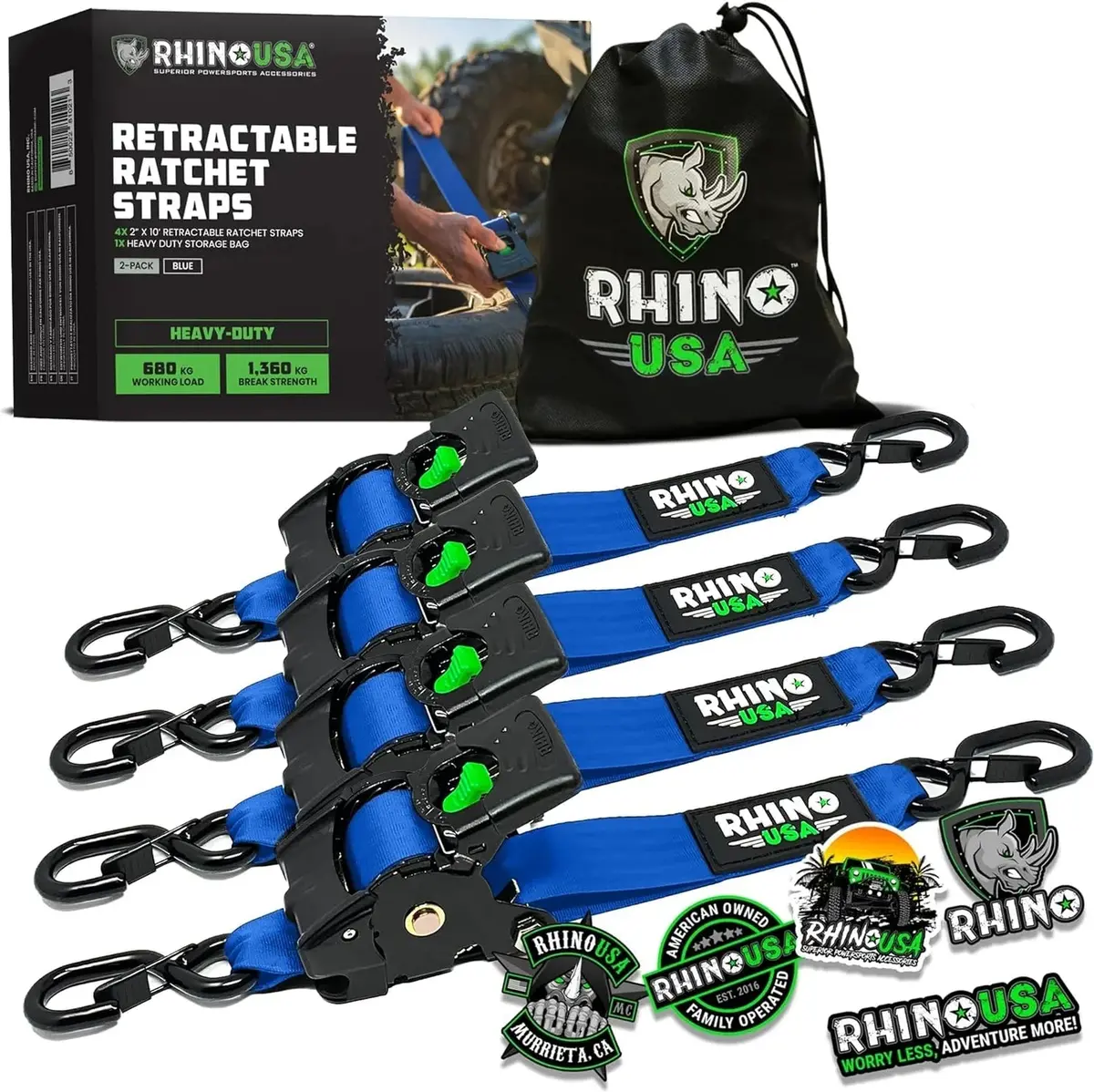 Rhino Usa Retractable Ratchet Straps (2Pk 2Inx10ft) Blue | Td-Rsre2x10-Blu 1