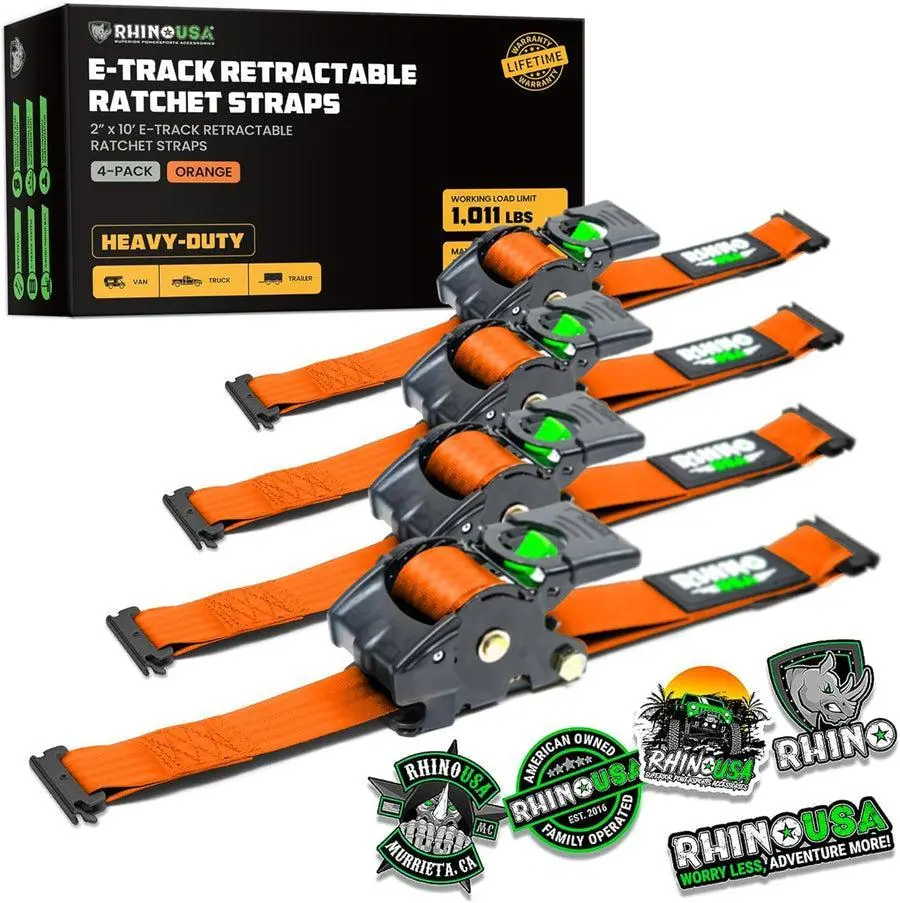 Rhino Usa Retractable E-Track Ratchet Straps (4 Pack, 2Inx10ft) (Orange) | Td-Rsre2x10-Etrk-4Org 1