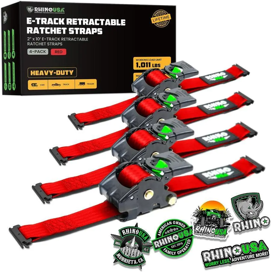 Rhino Usa Retractable E-Track Ratchet Straps (4 Pack, 2Inx10ft) (Red) | Td-Rsre2x10-Etrk-4Red 1