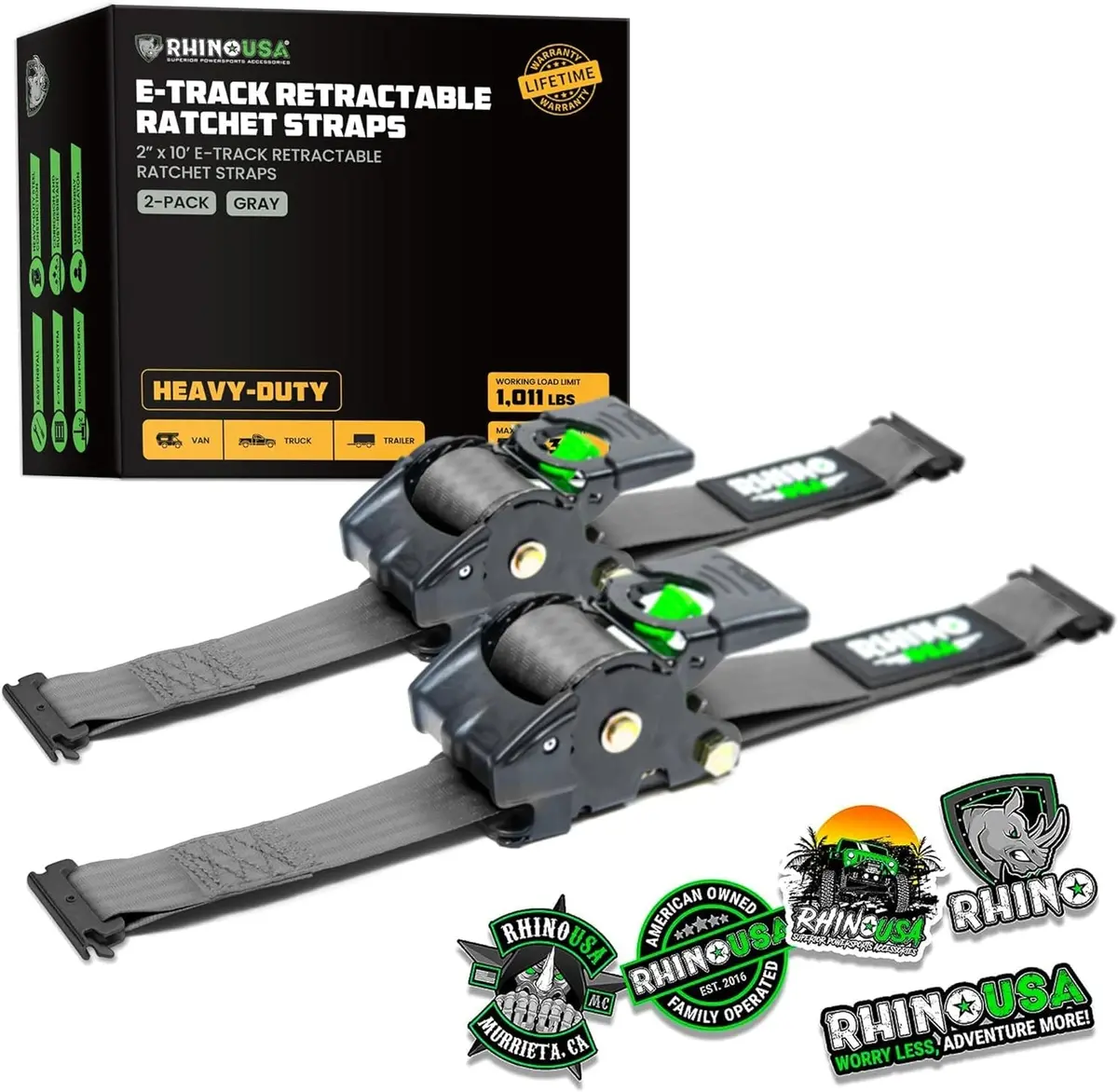 Rhino Usa Retractable E-Track Ratchet Straps (2 Pack, 2Inx10ft) (Gray) | Td-Rsre2x10-Etrk-Gry 1