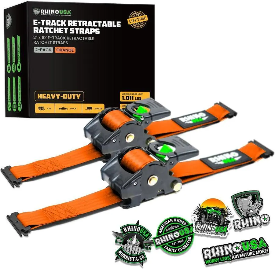 Rhino Usa Retractable E-Track Ratchet Straps (2 Pack, 2Inx10ft) (Orange) | Td-Rsre2x10-Etrk-Org 1