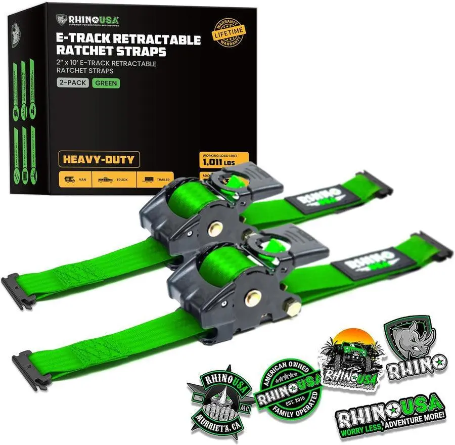 Rhino Usa Retractable E-Track Ratchet Straps (2 Pack, 2Inx10ft) (Green) | Td-Rsre2x10-Etrk-Grn 1