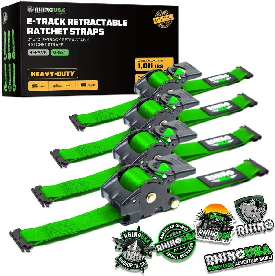Rhino Usa Retractable E-Track Ratchet Straps (4 Pack, 2Inx10ft) (Green) | Td-Rsre2x10-Etrk-4Grn 1