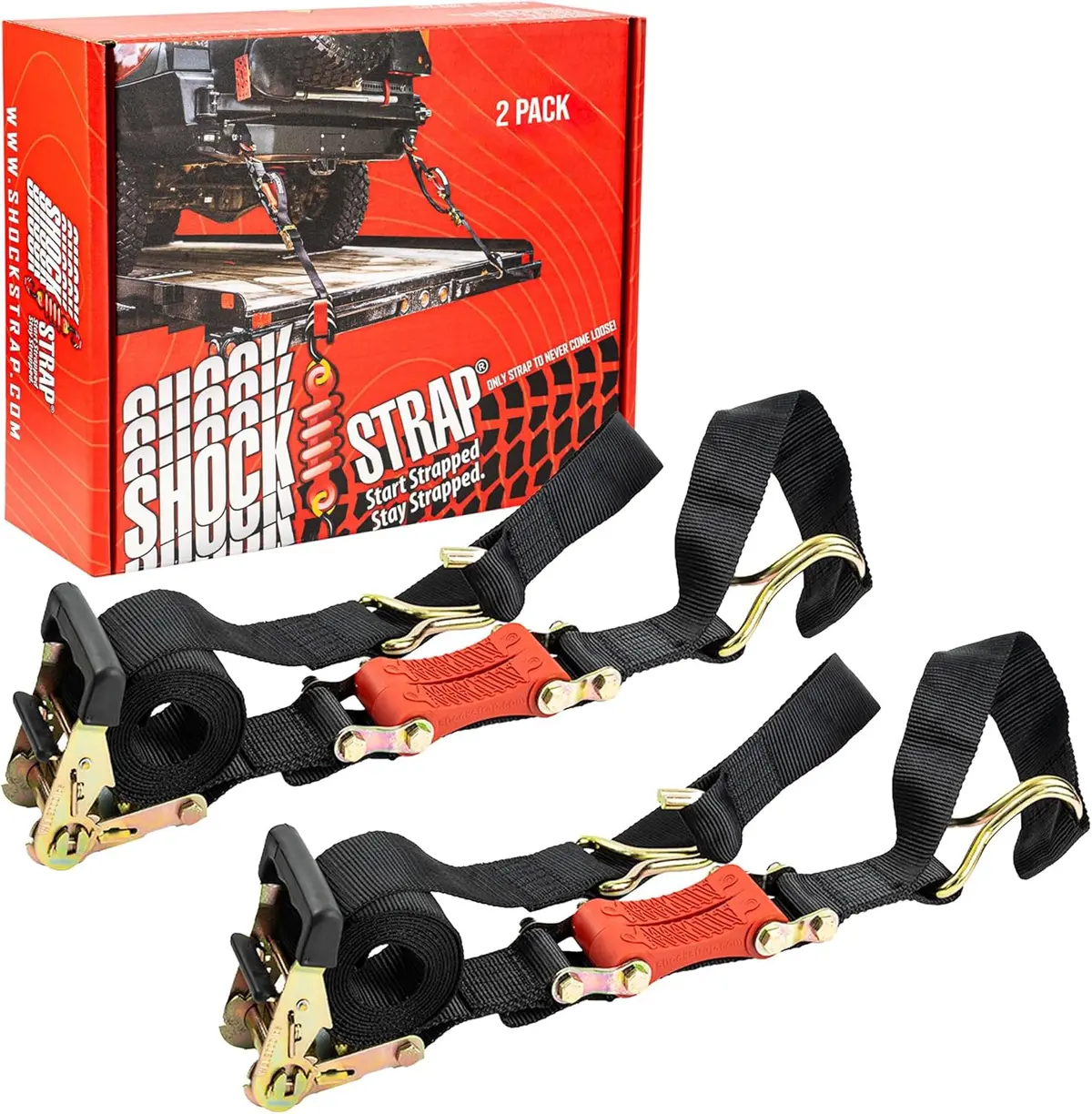 9Ft X 2In Shockstrap® Ratchet Strap With Wire Hooks, Premium Polyester Webbing, 6K Break Strength 2K Working Load Limit 1