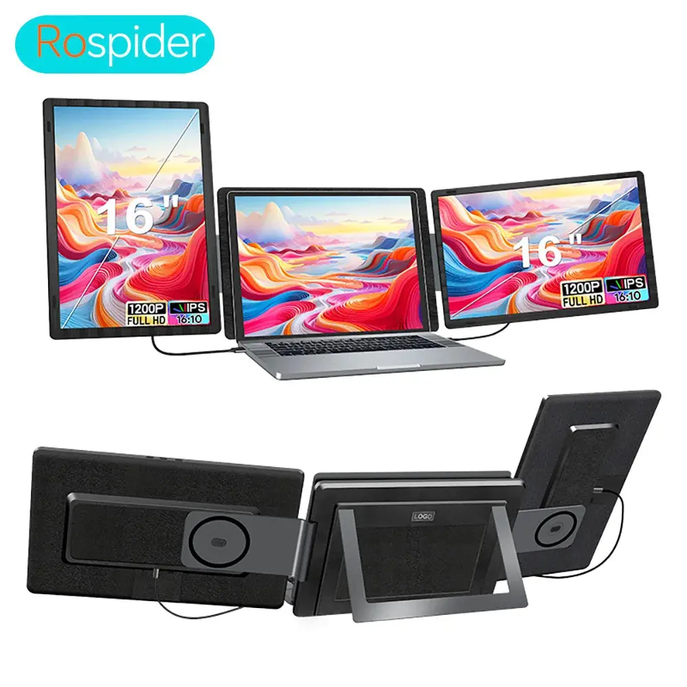 Rospider 16 Inch Portable Dual Screen Laptop Monitor Extender 1200P 2560P Rotatable Triple Display For Laptop Macbook Windows 1