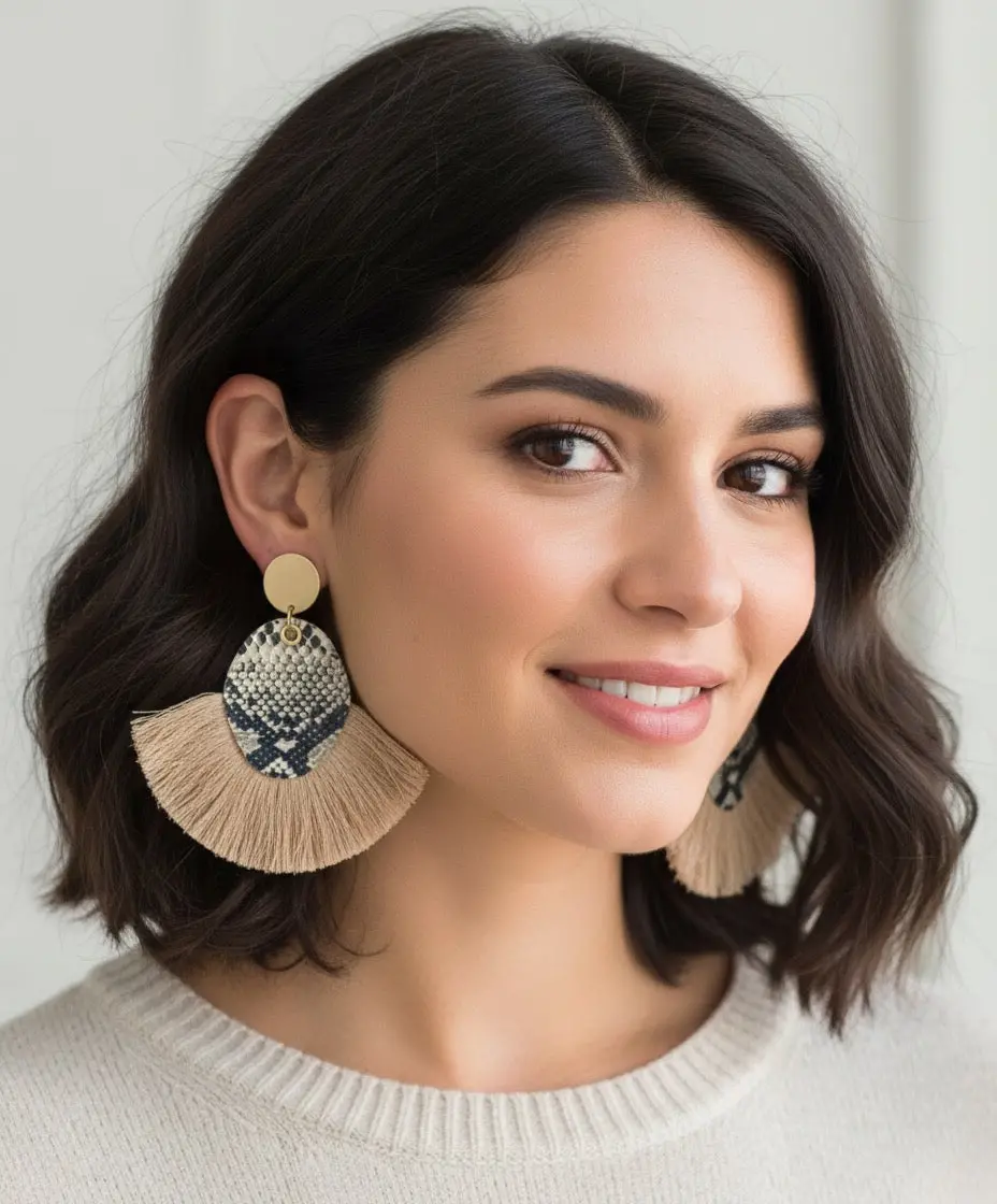 Snake Skin Fan Tassel Earrings 1
