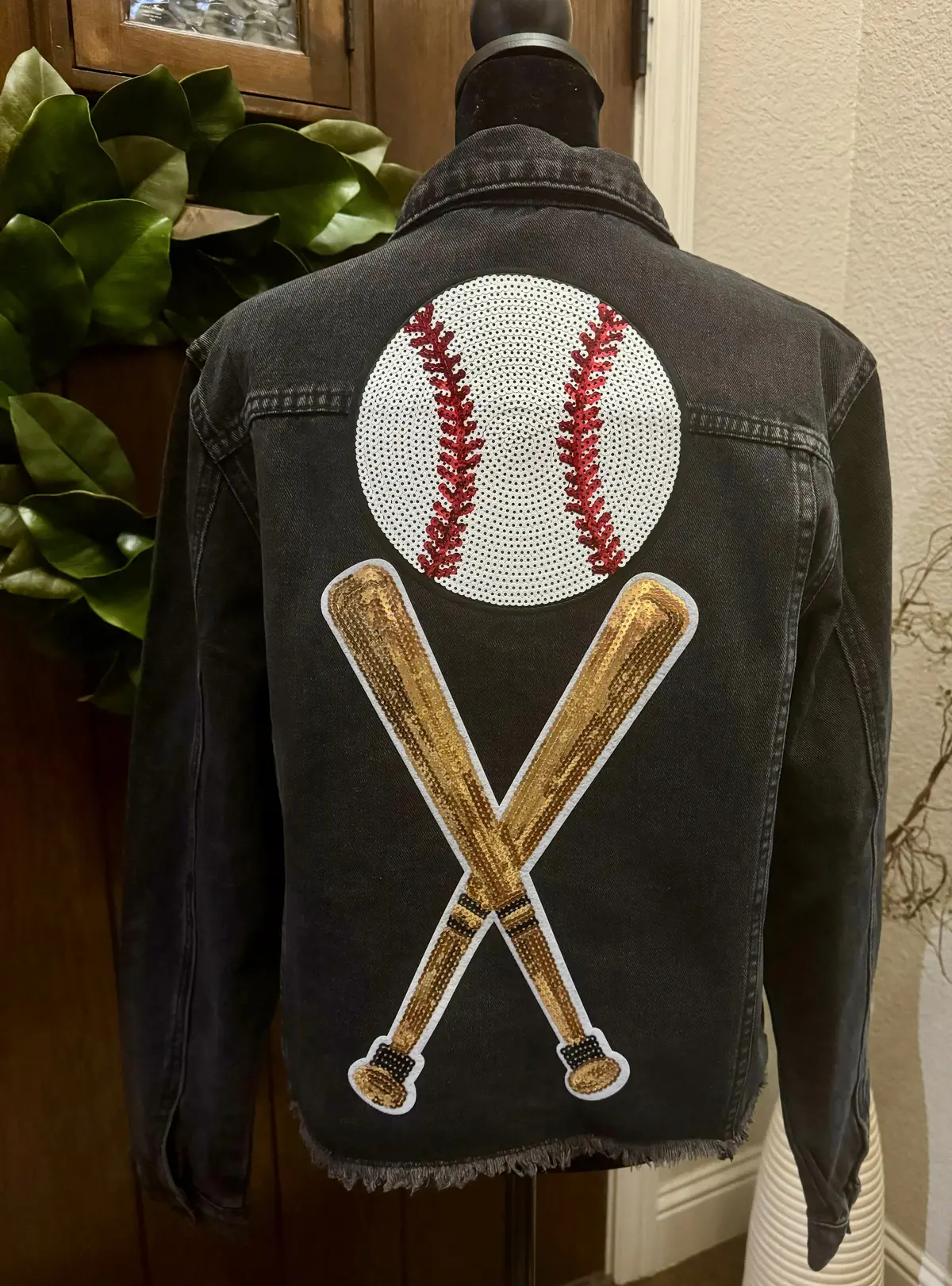 Sequined Black Baseball Denim Jacket 1