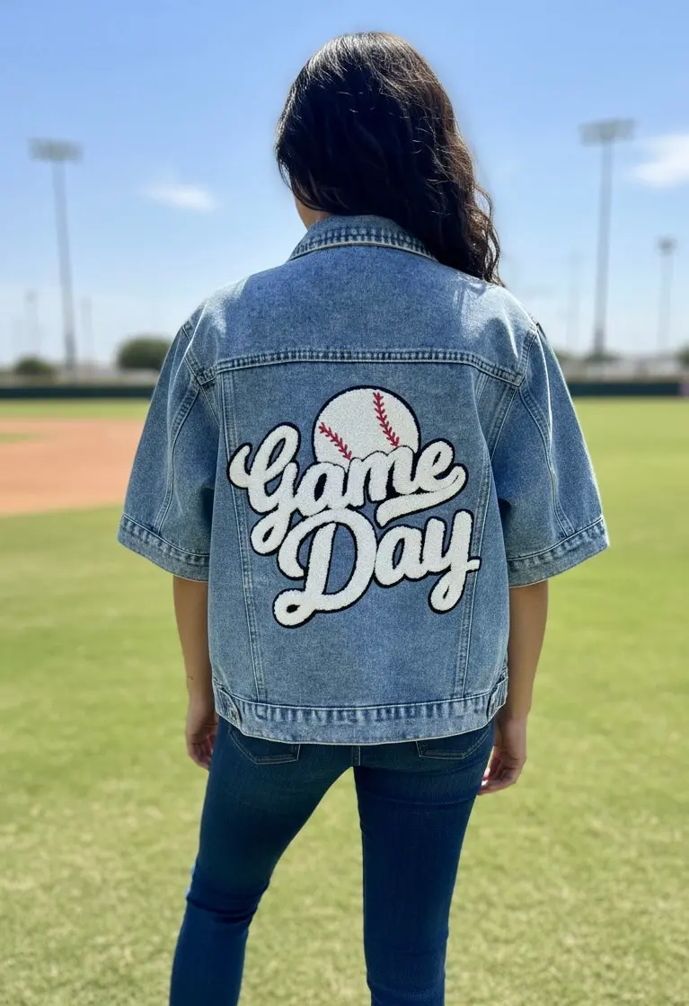 Baseball Game Day Patched Denim Jacket 1