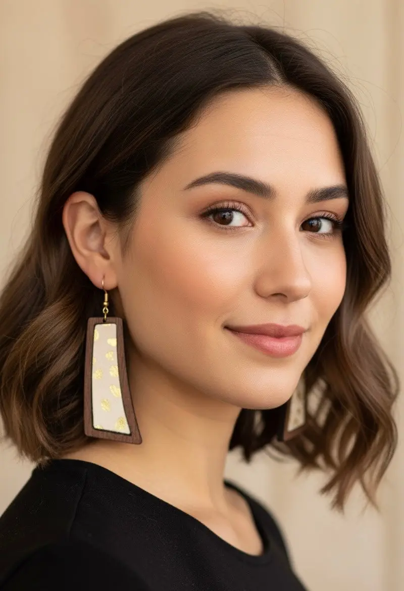 Wood Framed Gold Cheetah Curved Bar Earrings 1