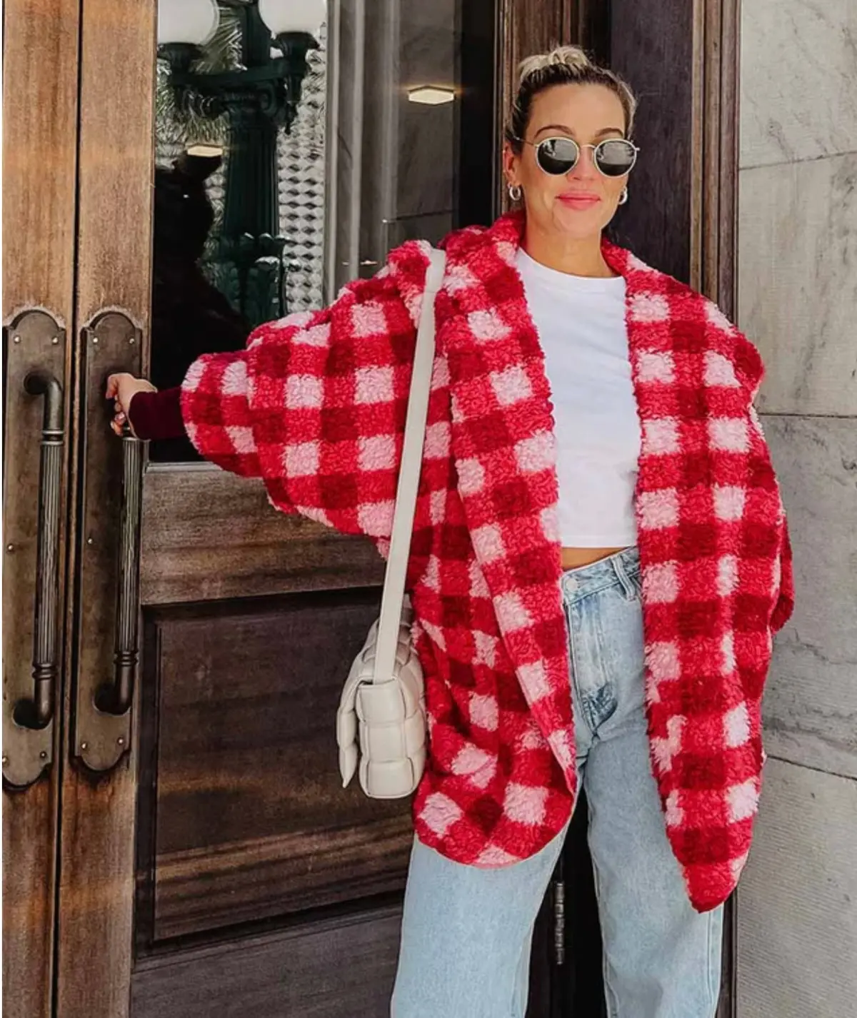 Pink & Red Plaid Hooded Cardigan Body Wrap 1