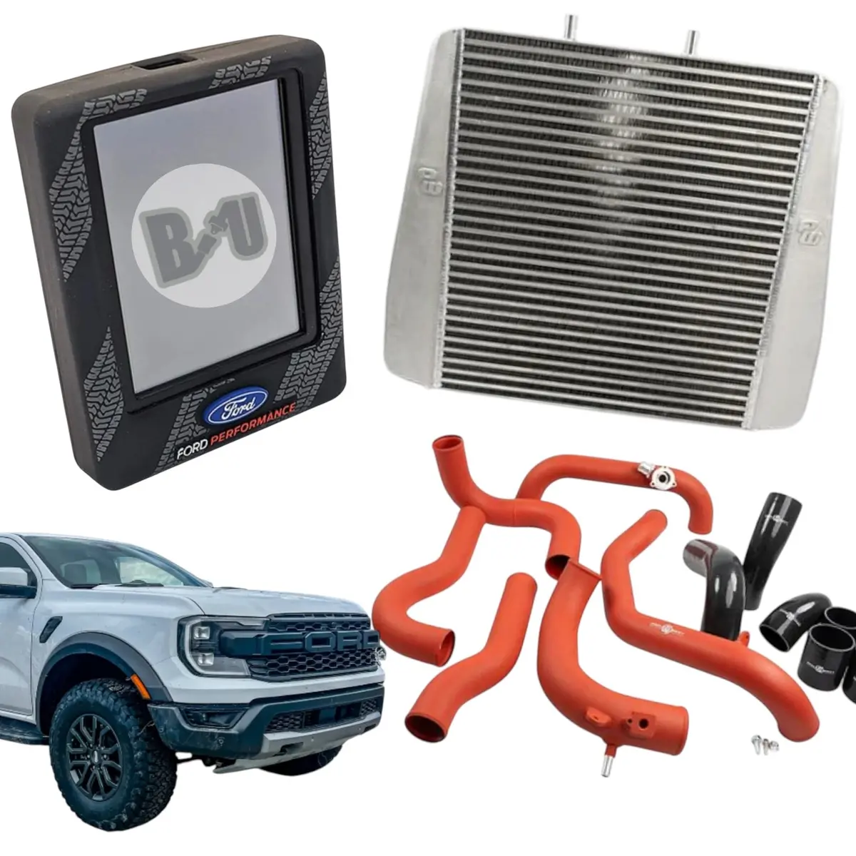 Power Package: Stage 2 Process West (Red) Charge Piping & (Silver) Intercooler Kit With Ford Performance Tune For 2024+ Ranger Raptor 1