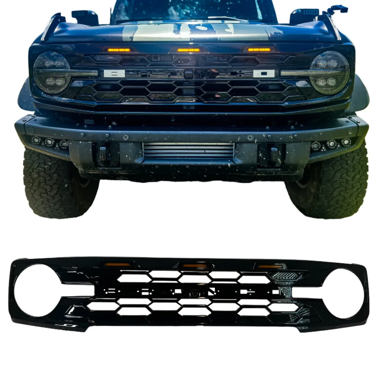 Bbm Gloss Black Hex Grille With Amber Lighting For 2021+ Ford Bronco 1
