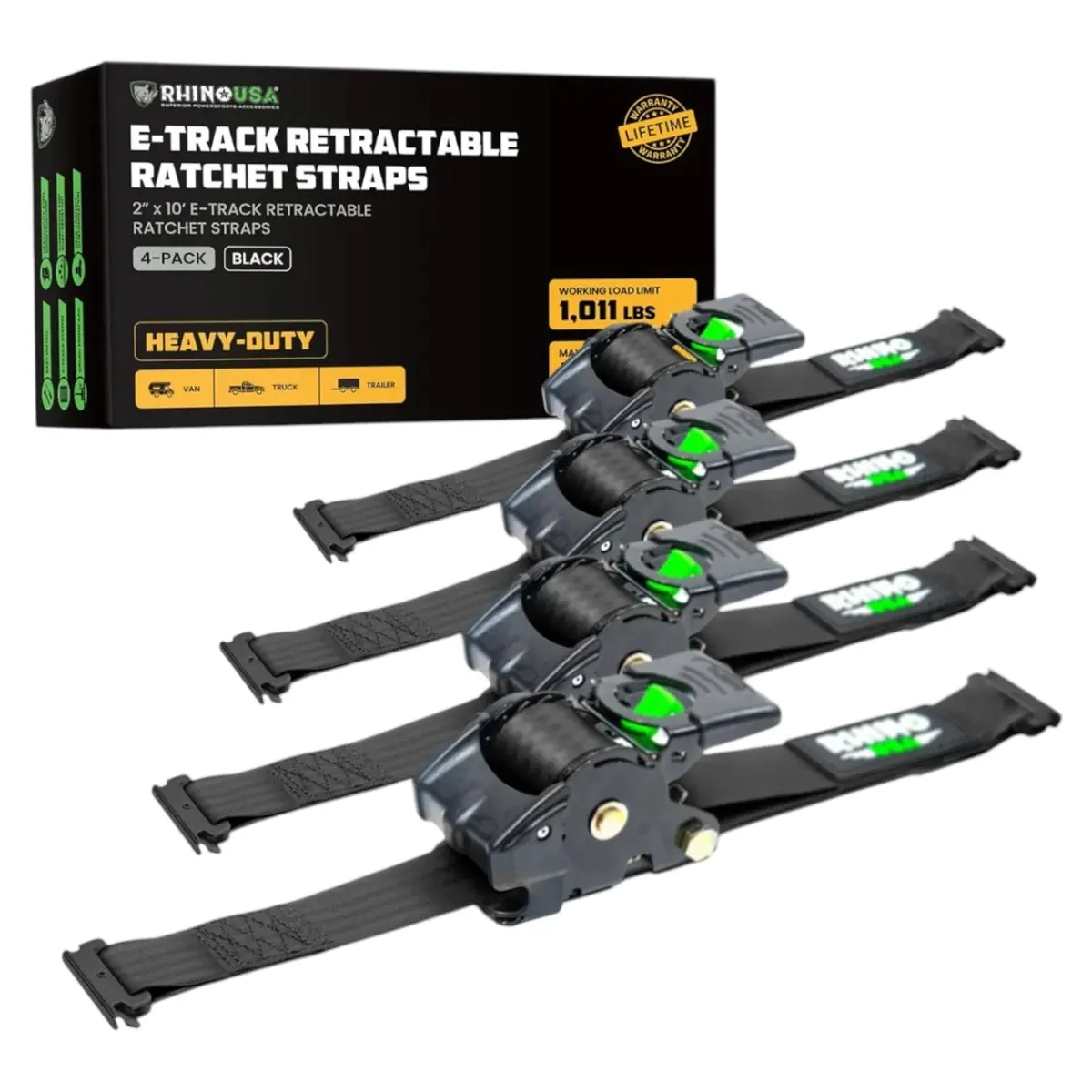 Rhino Usa 4 Pack Retractable E-Track Ratchet Straps, 2In X 10Ft (Black) | Td-Rsre2x10-Etrk-4Blk 1