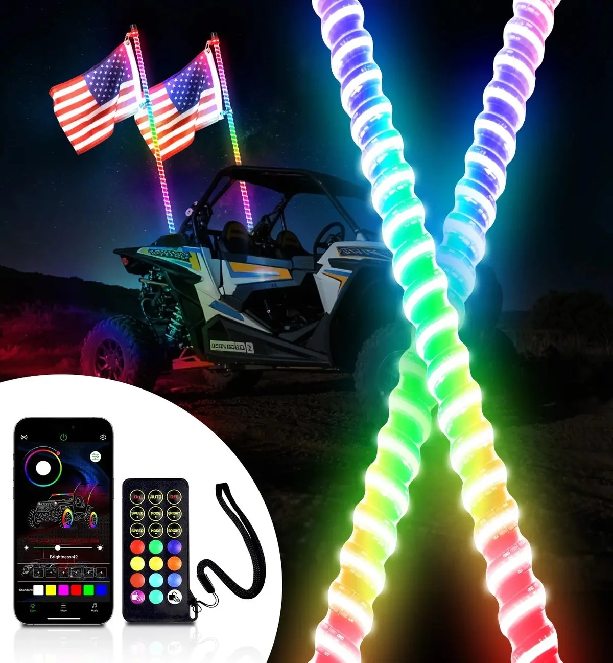 2Ft-6Ft Rgb Led Whip Lights W/ App & Remote Control 1