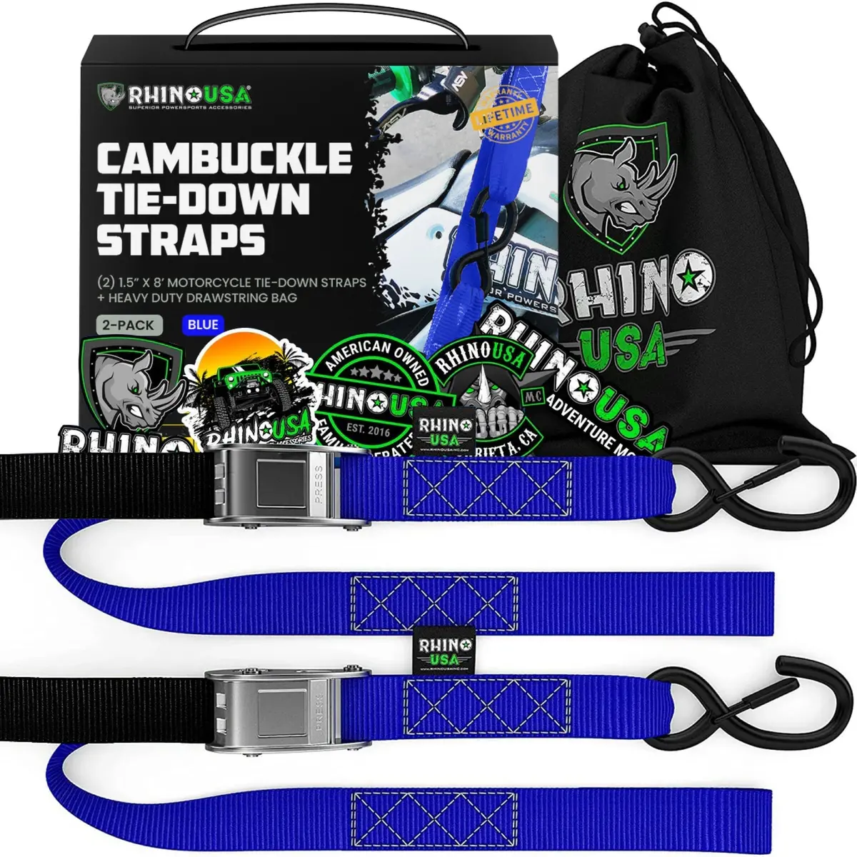 Rhino Usa Cambuckle Motorcycle Tiedown Straps 2-Pack (Blue) 1.5In X 8Ft | Rno-Camsoft-Blu 1