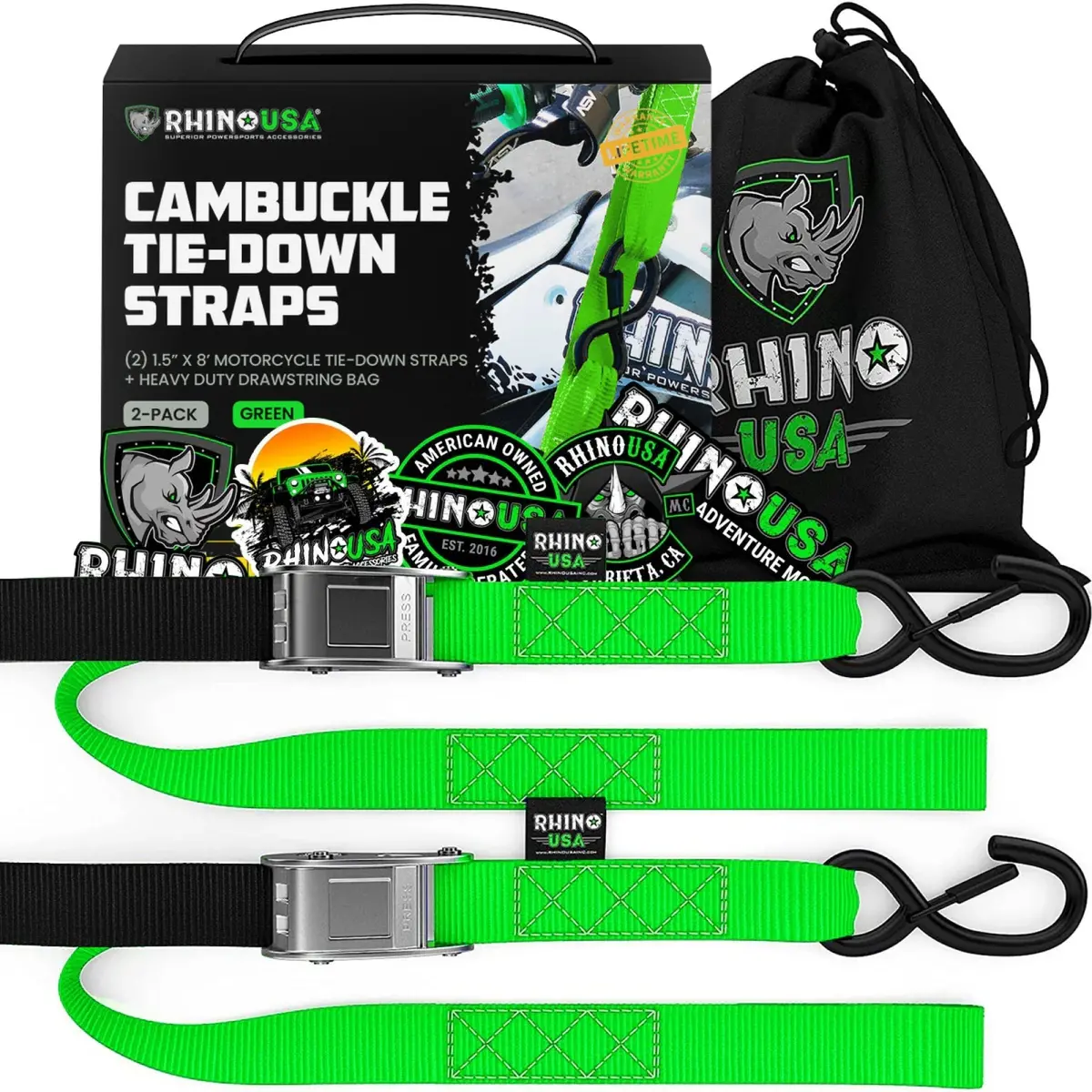 Rhino Usa Cambuckle Motorcycle Tiedown Straps 2-Pack (Green) 1.5In X 8Ft | Rno-Camsoft-Grn 1