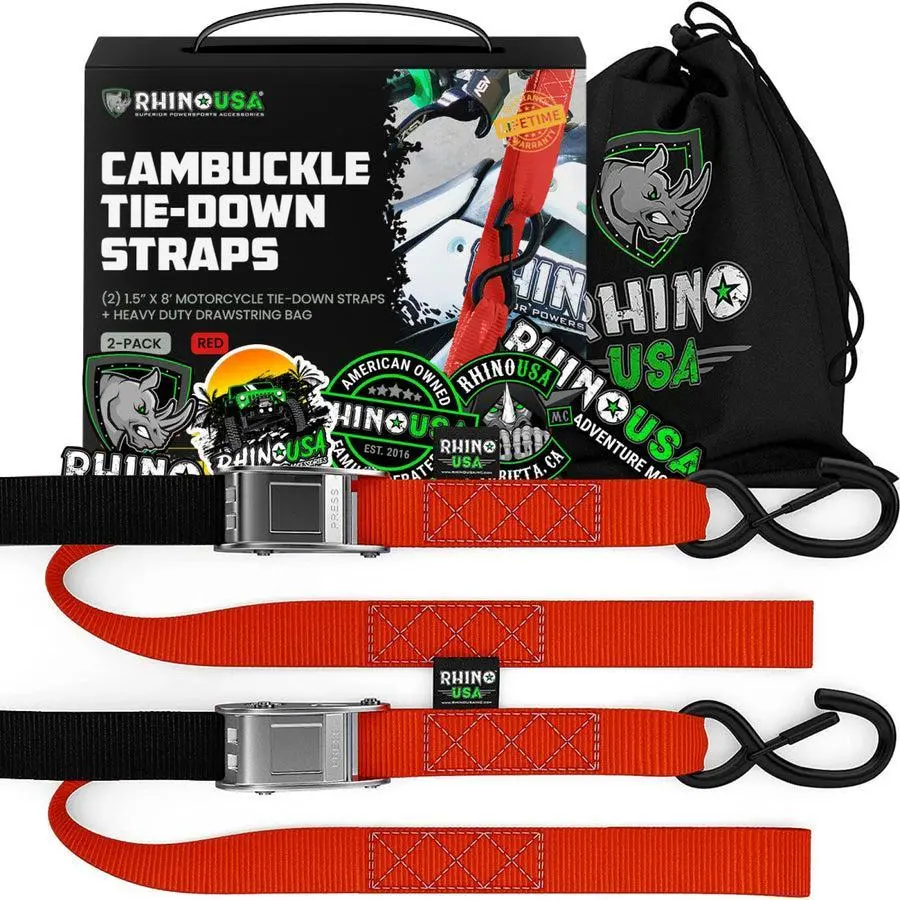 Rhino Usa Cambuckle Motorcycle Tiedown Straps 2-Pack (Red) 1.5In X 8Ft | Rno-Camsoft-Red 1