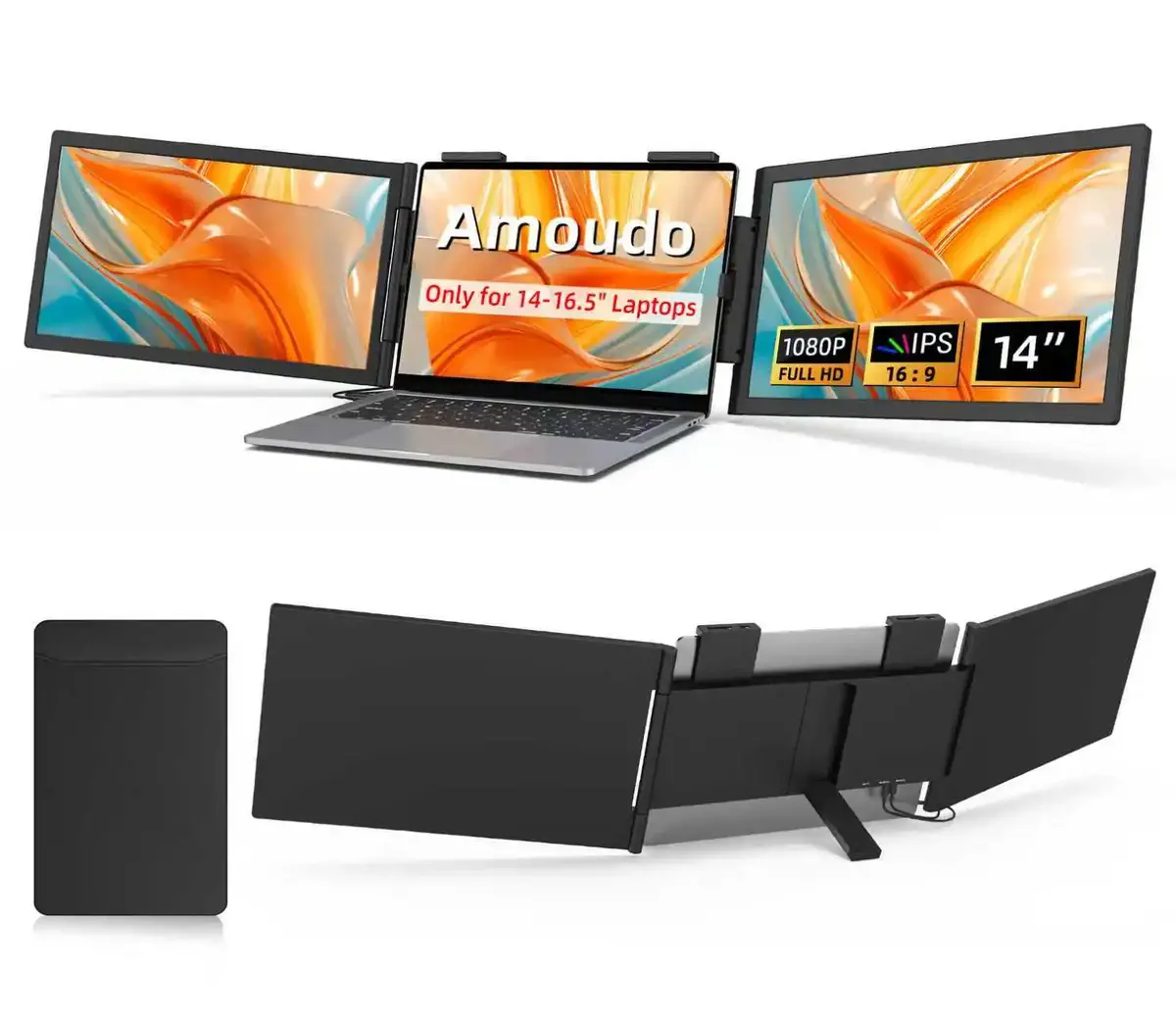 Amoudo14 Inch Dual Portable Monitor 1920*1080P Ips Portable Triple Monitor With Usb-C Port For 14-16.5" Laptops Windows/Mac Xbox 1