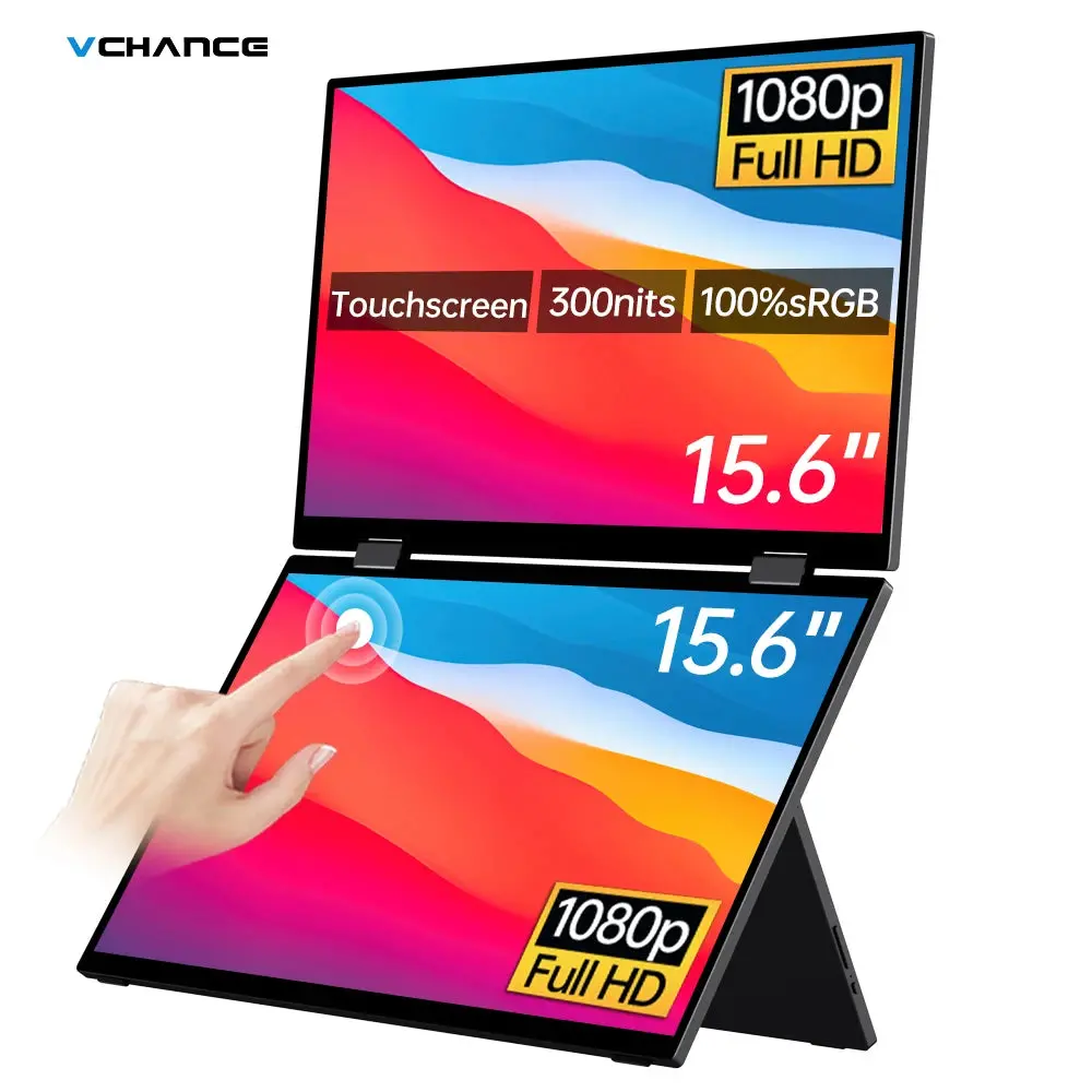 15.6" Folding Portable Monitor Dual Touch Screen 1080P 300Nits Vesa 75Mm Freely Adjust Display Extender For Laptop Pc With Bag 1